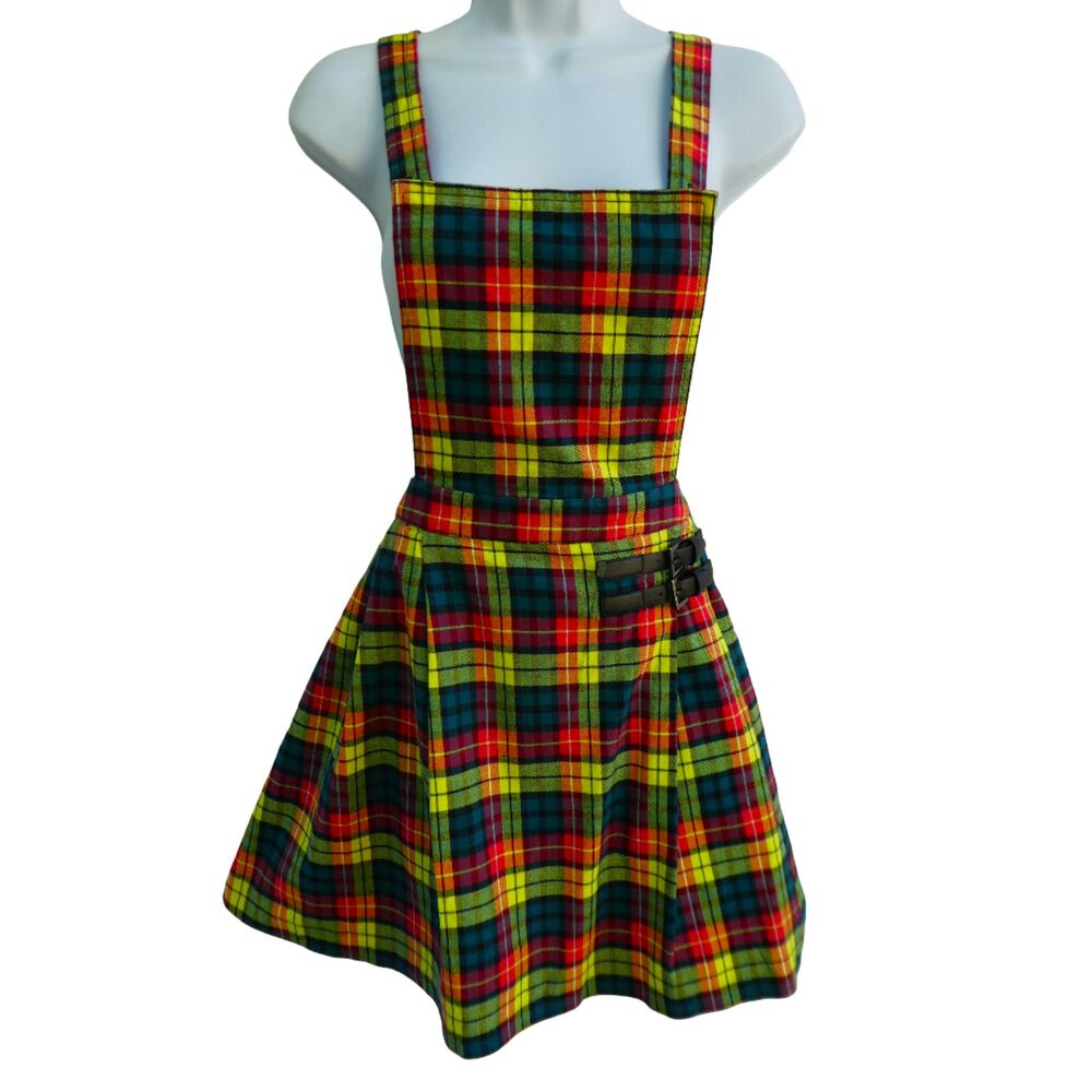 Dangerfield Overall Pinafore Dress Tartan Plaid Side Faux Leather Buckles Pocket